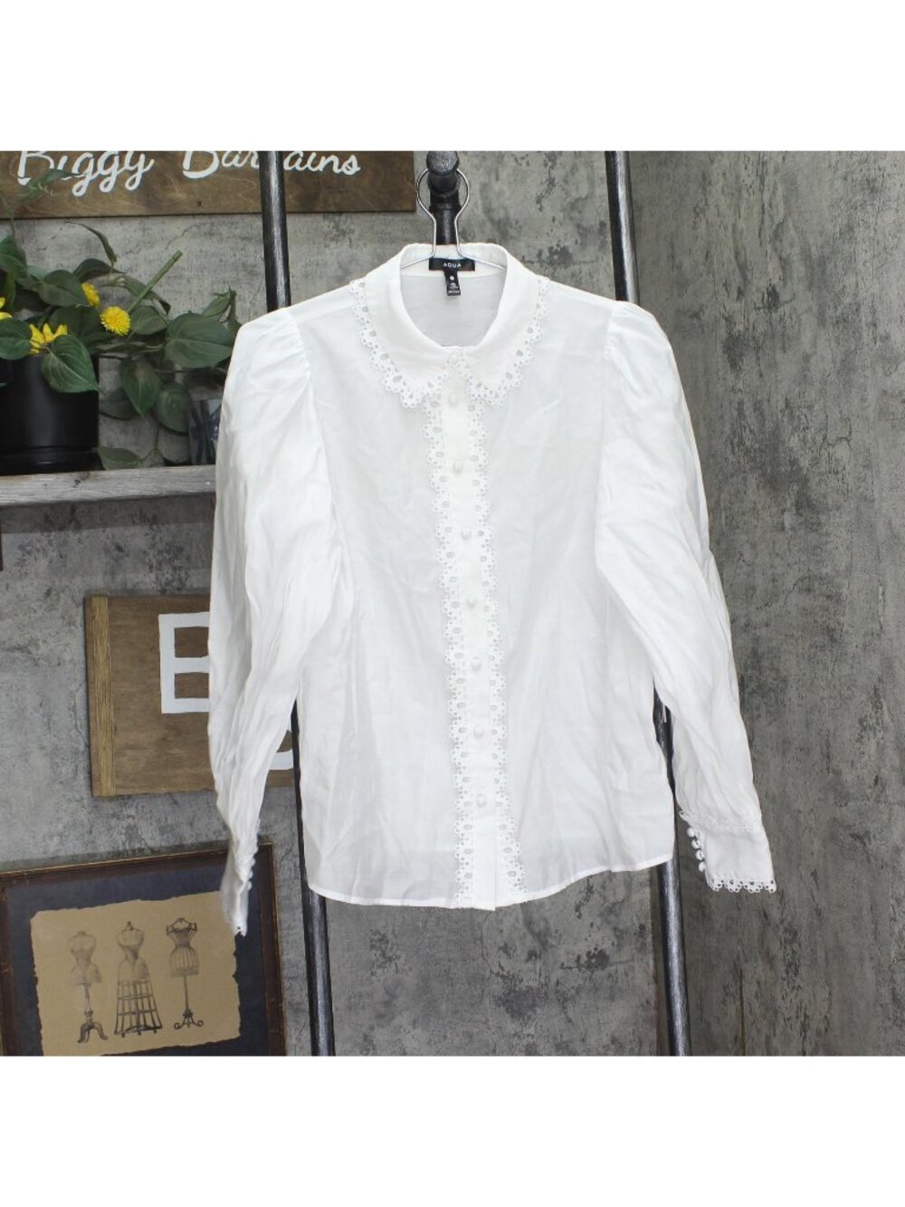 Aqua Button Up Lace Trim Blouse IBO26719 White XS
